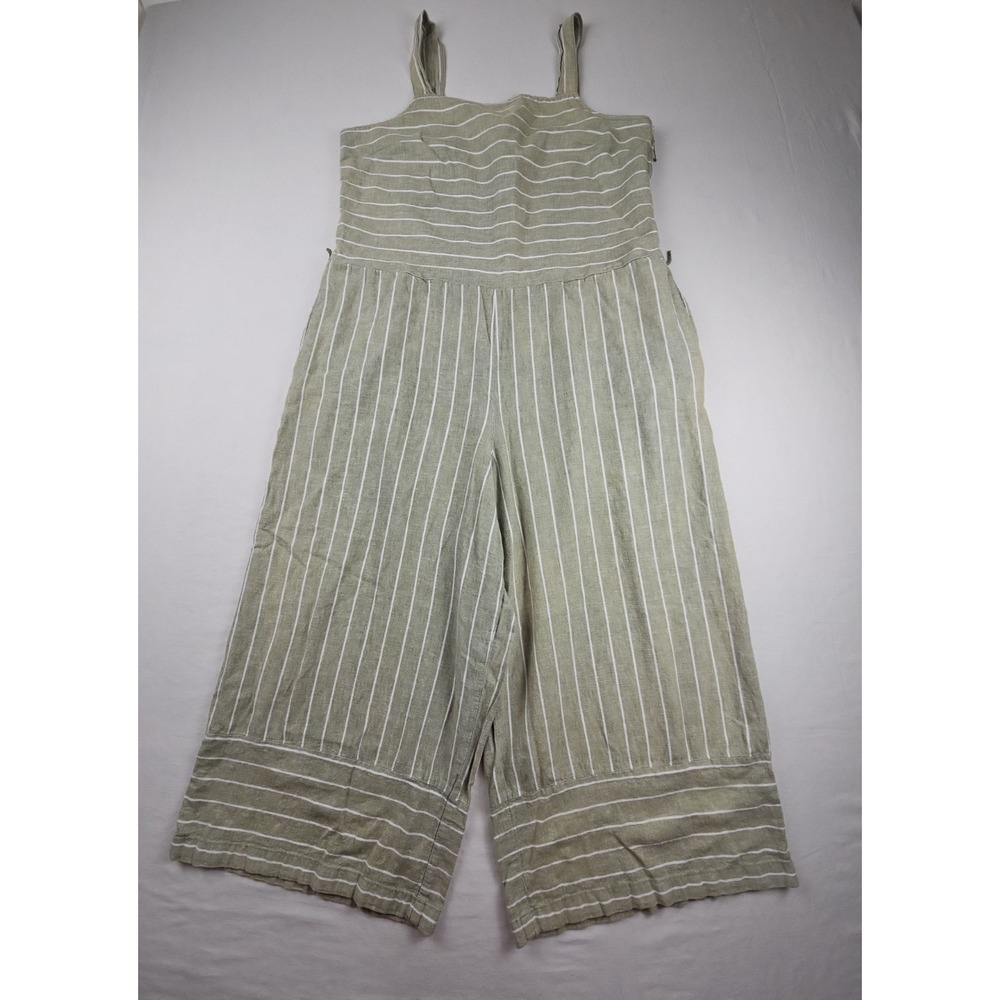 BeachLunchLounge Women's L Talia Jumpsuit Linen Cotton Wide Leg Crop OliveStripe